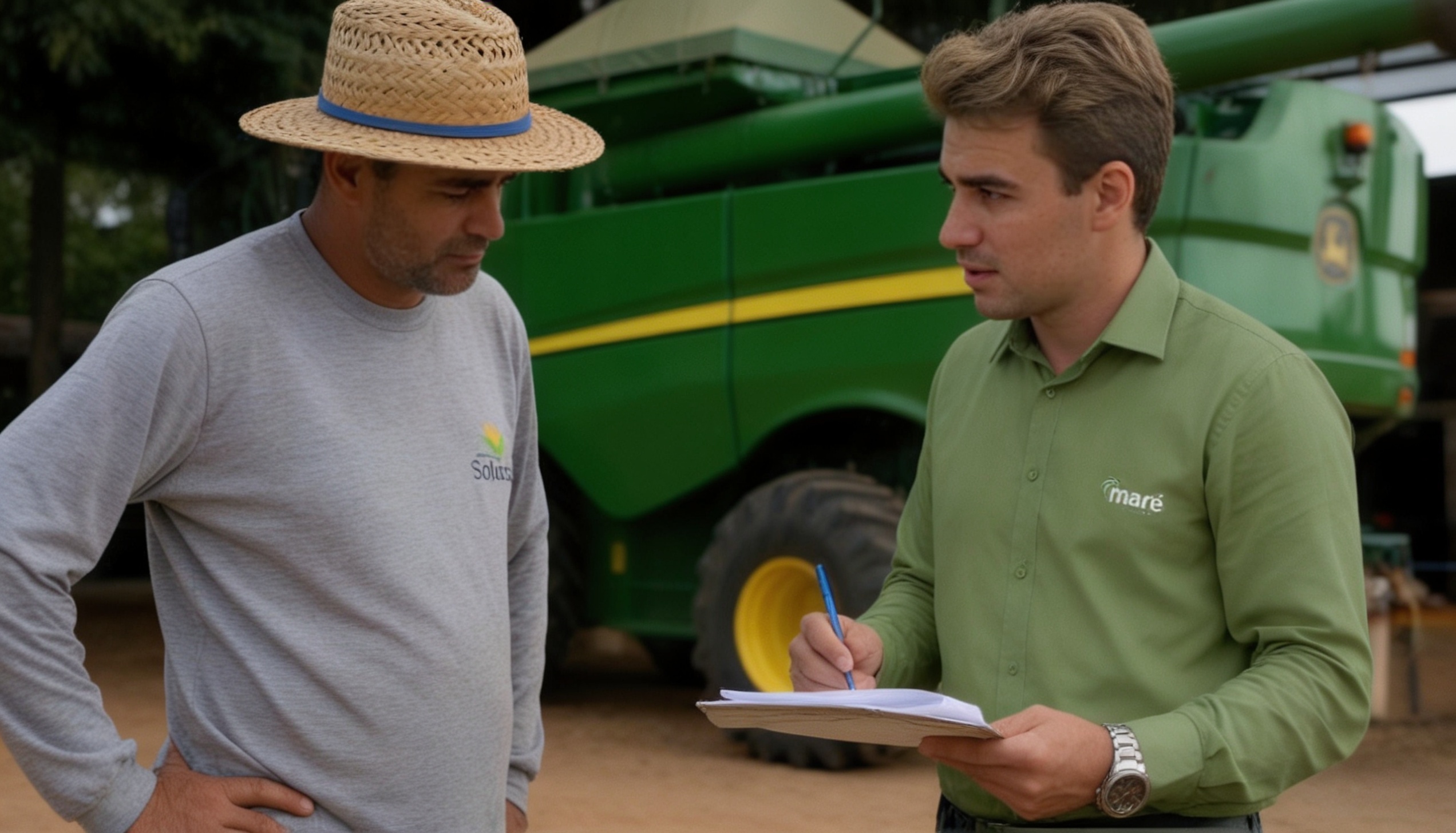 Técnico da Maré orientando produtor rural ao lado de maquinário agrícola
